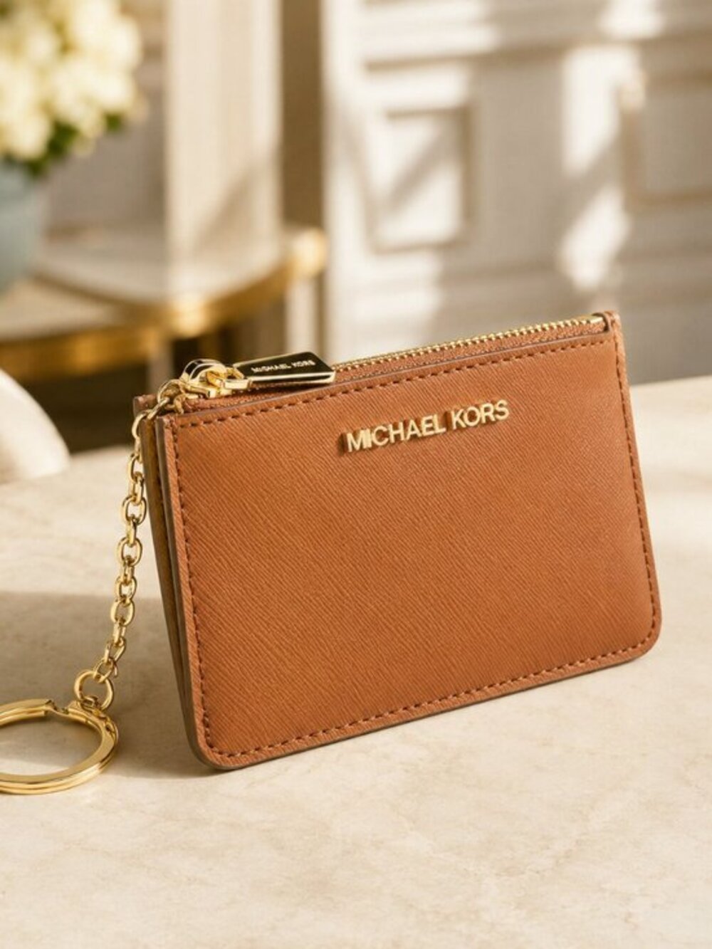 Michael Kors Saffiano Leather Cardholder Key Ring ID Wallet Zip NWT